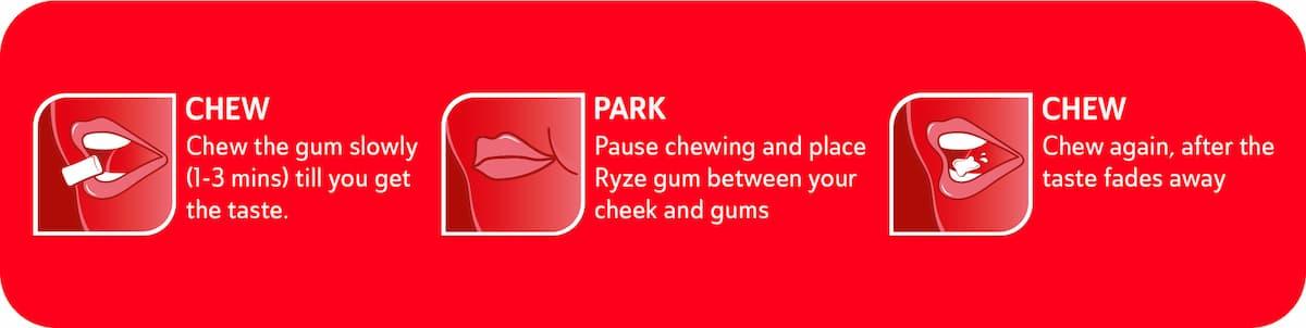 Chewing instruction card showing the 3-step technique: Chew, Park, Chew